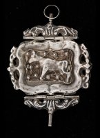 Antique Dutch silver large, caged and repouss key with two hinges. On one side a cow and on the other side a man on a horse.

dimensions: 75 x 54 mm