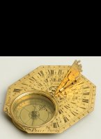 Butterfield-type brass engraved traveling sundial with compass by Nicolas Bion. Bion published 'the construction and principal uses of mathematical instruments' including sundials (after the French edition of 1709). 75 x 66mm