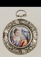 Antique silver pair case pocket watch with enamel cartouche in the back. 
Verge movement in typical Rotterdam style with mock pendulum under silver bridge. Bridge with cupid and text 'DE EENDRACHT'.
Enamel dutch style dial. Pilars with silver ornaments. 
Signed: 'P. v. Den Bergh, 78, Rotterdam'.