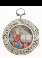 Antique silver pair cased pocket watch, signed: 'Viet  Rotterdam'.
Repouse outer case with enamel medallion. Verge movement with typical Rotterdam mock pendulum engraved in Louis XIV style. Dutch style silver champlev dial with date indication.
Diameter 53 mm.