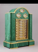 19th century Russian Calendar perpetual in malachite and gilded brass ornaments and interior.
In the left the Julian Calendar and on the right the Gregorian Calendar and in the middle the adjustable days of the week.
Russia used the Julian Calendar until 1918 when the Gregorian Calendar was adopted. The time difference in these days was 12 days (today it is 13 days).
Months and week-days in French, the language of the elite and intellectuals.
'V.S.' in the left kolom stands for 'vieille style' (old style) = Julian or Roman calendar.
'N.S.' in the right kolom stands for 'nouveau style' (new style) = the new Gregorian Calendar.
Pendule shaped case covered with malachite and gilded ornaments. <BR/>Interior completely gilded and original.
D x W x H = 13 x 26 x 35 cm
