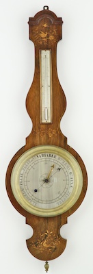 French banjo- of wiel-barometer with one thermometer. Silvered plates, intarsia mahogany. ca 1820