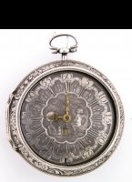 Antique dutch silver pair case verge pocket watch by C. Uyterweer, Rotterdam, N 275,. ca 1740 
Original silver dial with date indication. Silver casted outer case, mock pendulum with latin text: 