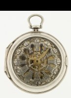 Antique skeleton watch with dutch style silver skeletonised dial. Movement signed: 'Warren 110'. second case hallmarked London 1769. Diameter 48mm.