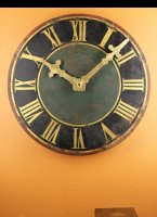 Antique original painted round dial of tower clock with antique gilded roman digits and hands and working antique modified hands motion work. The clock is working on 230V/50Hz synchronized motor. 
Comes with special designed wall mount. 
Dial diameter ca 100 cm (40