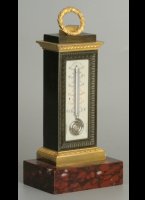 Antique french gilded patinated thermometer on ivory plate. 'Rouge griot' marble basement. Height 22,5 cm, wide 10 cm (basement).