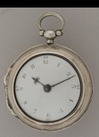 Antique silver pair case pocket watch in english style with enamel dial, steel hands. Makers initials J.H in inner case. Repair or seller paper in outer case writes: 'M.J. Erdtsieck, Horologiemaker, Gierstraat no. 784, het 3de huis van de Magdelenastraat, Haarlem'