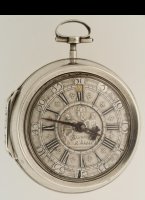 Antique silver verge pocket watch by E. Baudouin, Rotterdam. Silver dial, date, mock pendulum.