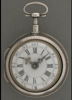 Silver verge fusee watch, enamel dial, silver hands with Rhin-stones, ajour innercase. ca. 1720. Diameter 49 mm.