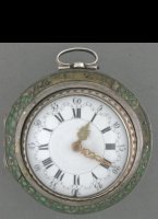 Antique well preserved triple cased watch with shagreen outercase, second repousee case and original silver chatelaine with lackstamp and key. Innercase has London hallmarks of 1754 and Tarts silversmith stamp. Gilded movement with dutch bridge. Diameter 62 mm.