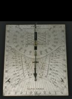 Analemmatic sundial: fecit Ioan Engelbrecht, Beraunensis, 1806
Jan (Johan, Ioan) Engelbrecht, 1726-1807, Beraun (Bohemia, near Prag, 50 degrees)
Dimensions: 157 x 188mm.

Following museums have in their collection a sundial by this maker (source: Zinner):

1776 Prag Staatsmuseum (Narodni Museum),
1779 Mnchen Deutsches Museum,
1783 Schloss Hohenwerfen,
1784 London Science Museum,
1785 Hannover Schloss Triebold,
1785 Cambridge Whipple Museum,
1787 Nrnberg Deutsches Museum,
1787 Breslau Schles. Museum,
1791 Dresden Salon,
1792 Oxford Museum History Science,
1792 Whipple Museum,
1793 Marburg Physikal Institut and Dresden Salon,
1795 Prag Staatsmuseum (Narodni Museum),
1796 Jena Schloss Zeiss,
1796 Prag Staatsmuseum (Narodni Museum),
1796 Breslau Universitat Sternwarte,
1798 Aachen Schloss Drecker. Kniggrtz Stadtmuseum,
1799 Jena Schloss Zeiss,
1800 Prag Kunstgewerbemuseum,
1800 Stuttgart Landesmuseum,
1800 New York Industrial Museum,
1800 Hannover Schloss Triebold,
1801 Edinburgh National Museum,
1802 Prag Staatsmuseum (Narodni Museum),
1803 Oxford Museum History Science,
1803 Bautzen Stadtmuseum,
1804 Prag Staatsmuseum (Narodni Museum),
no year: Prag Staatsmuseum (Narodni Museum), Zagreb Archiolog. Museum, Edinburgh National Museum.