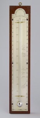 American thermometer, hand engraved silvered brass scale with Reaumur-mercury-thermometer, in french language.
Signed: Donagan & Co, Philadelphia.

Donegan is mentioned in 'Early American Scientific Instruments and their Makers' by Silvio Bedini.
http://www.gutenberg.org/files/39141/39141-h/39141-h.htm

Information about French speaking in the Philadelphia area can be found here:
http://philadelphiaencyclopedia.org/archive/french-revolution/