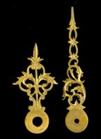 length of hands (hart to top): minute/hour: 38/26 mm, thickness: 0,75 mm, gilded. Set Nr. 1. Price per set.