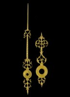 length of hands (hart to top): minute/hour: 93/51 mm, thickness: 1,2 mm. Set Nr 4, gilded. Price per set.