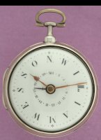 English paircase vergewatch with date indication, ownersname 'WILLIAM WESSON' as hour indication. Movement signed 'William Brown, London' Diameter 57 mm. London hallmarks of 1789.